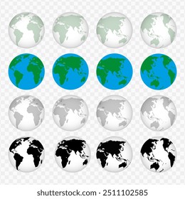 "Realistic transparent globes of Earth in globe shape, ideal for world map designs."