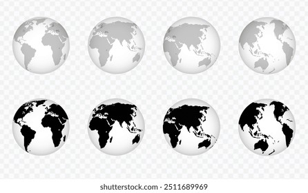 "Realistic transparent globes of Earth in globe shape, ideal for world map designs."