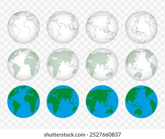 "Realistic transparent globes of Earth in globe shape, ideal for world map designs."