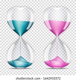 Realistic transparent hourglasses with blue and pink sand, isolated.