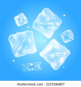 Realistic transparent ice cubes on a blue background. Elements for the design of advertising, cold drinks 