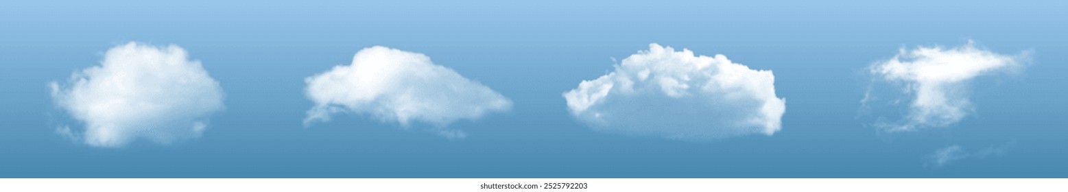 Realistic transparent isolated clouds in the sky.  Volumetric 3D image of clouds in the sky. Transparent objects of smoke or fog. Vector image. EPS 10. 