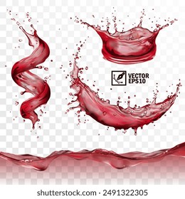 Realistic transparent isolated splash of red wine or grape juice, or cherry, pomegranate