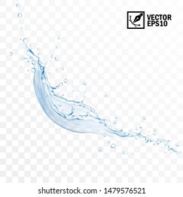 Realistic Transparent Isolated Vector Falling Splash Of Water With Drops, Editable Handmade Mesh