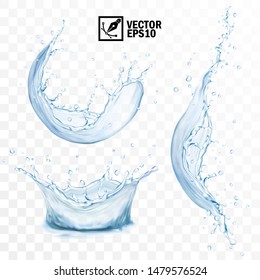 Realistic transparent isolated vector set splash of water with drops, a splash of falling water, a splash in the form of a crown, a splash in the form of a circle - Shutterstock ID 1479576524