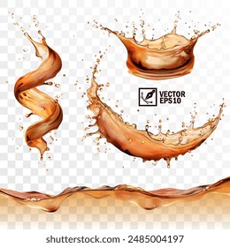 Realistic transparent isolated vector set splashes of tea, coffee, Cola or whiskey with drops, a splash of falling liquid in the form of a spiral, crown and circle,, a wave with bubbles