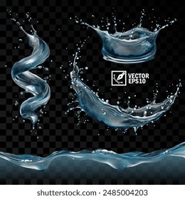 Realistic transparent isolated vector set splashes of water with drops, a splash of falling water in the form of a spiral, crown and circle, a wave with bubbles, black background