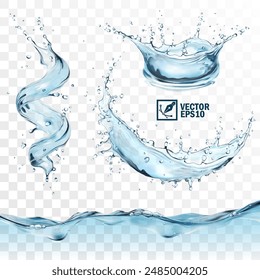 Realistic transparent isolated vector set splashes of water with drops, a splash of falling water in the form of a spiral, crown and circle, a wave with bubbles