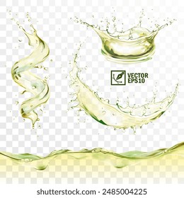 Conjunto de Vector aislado transparente realista salpicaduras de té verde con gotas, un chorro de té que cae en forma de espiral, corona y círculo, una onda con burbujas