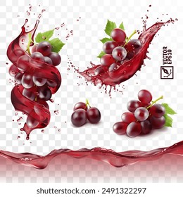 Realistic transparent isolated vector set, splash of wine or grape juice with red grapes branch