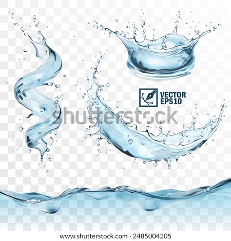 Realistic transparent isolated vector set splashes of water with drops, a splash of falling water in the form of a spiral, crown and circle, a wave with bubbles