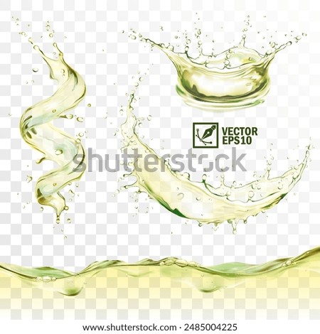 Realistic transparent isolated vector set splashes of green tea with drops, a splash of falling tea in the form of a spiral, crown and circle, a wave with bubbles