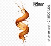 Realistic transparent isolated vector splash of tea, coffee, Cola or whiskey with drops, a splash of falling liquid in the form of a spiral, Whirlpool