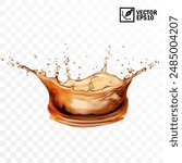 Realistic transparent isolated vector splash of tea, coffee, Cola or whiskey with drops, a splash in the form of a crown