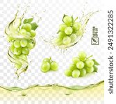 Realistic transparent isolated vector splash of wine or grape juice with green grapes branch