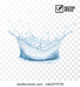 Realistic transparent isolated vector splash of water with drops, crown, editable handmade mesh