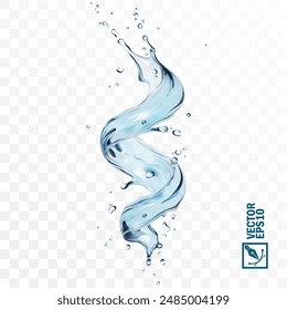 Realistic transparent isolated vector splash of water with drops, a splash of falling water in the form of a spiral, Whirlpool