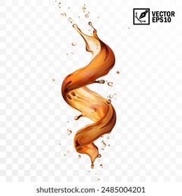 Realistic transparent isolated vector splash of tea, coffee, Cola or whiskey with drops, a splash of falling liquid in the form of a spiral, Whirlpool