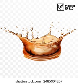 Realistic transparent isolated vector splash of tea, coffee, Cola or whiskey with drops, a splash in the form of a crown