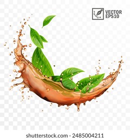 Realistic transparent isolated vector splash of tea with green leaves and drops, a splash in the form of a circle