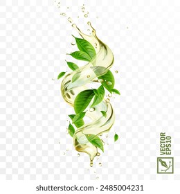 Realistic transparent isolated vector splash of green tea with green leaves and drops, a splash of falling liquid in the form of a spiral, Whirlpool