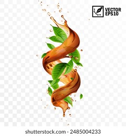 Realistic transparent isolated vector splash of tea with green leaves and drops, a splash of falling liquid in the form of a spiral, Whirlpool