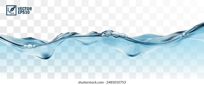 Realistic transparent isolated vector splash of water with drops, a splash in the form of a wave with bubbles