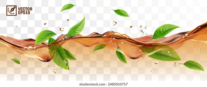 Realistic transparent isolated vector splash of tea with green leaves and drops, a splash in the form of a wave with bubbles