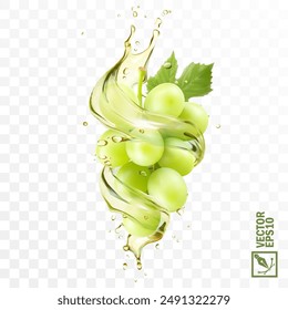 Realistic transparent isolated vector splash of wine or grape juice with green grapes branch