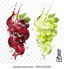 Realistic transparent isolated vector splash of wine or grape juice with green grapes branch