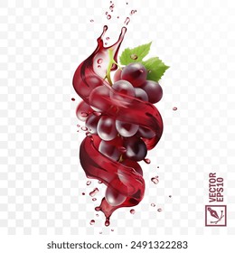 Realistic transparent isolated vector splash of wine or grape juice with red grapes branch