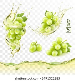 Realistic transparent isolated vector splash of wine or grape juice with green grapes branch