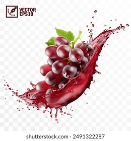 Realistic transparent isolated vector splash of wine or grape juice with red grapes branch