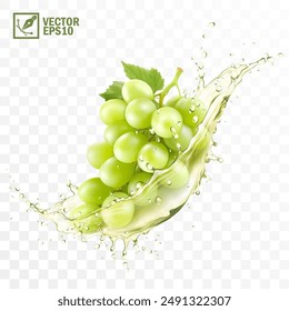 Realistic transparent isolated vector splash of wine or grape juice with green grapes branch