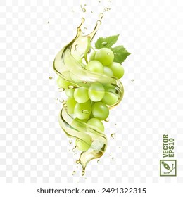 Realistic transparent isolated vector splash of wine or grape juice with green grapes branch