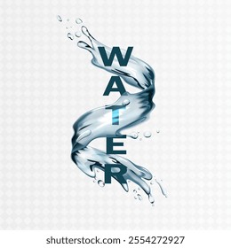 Realistic transparent isolated vector splash of water with drops, a splash of falling water in the form of a spiral, Whirlpool