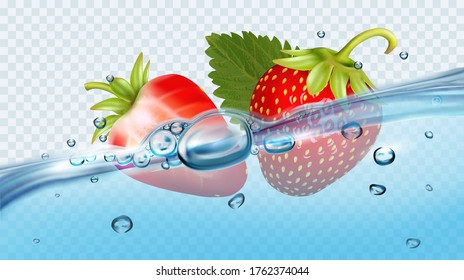 Realistic transparent isolated vector  with strawberries in water splash and drops. Vector illustration