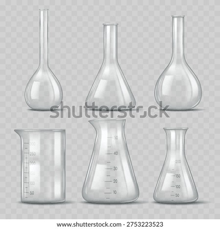 Realistic Transparent Laboratory Glassware Mockup Set. Vector Empty Chemical Science Flasks and Beakers Template