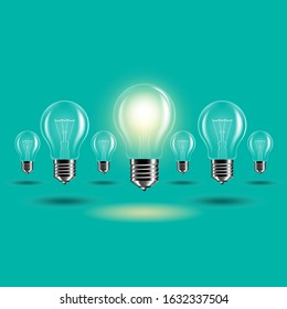 Realistic transparent light bulb for green sea background. Vector EPS 10