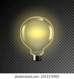 Realistic transparent light bulb shining yellow light isolated on transparent background. Vector illustration.