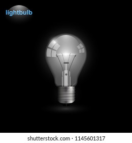 Realistic transparent lightbulb turned on. Light bulb vector illustration isolated on black background.