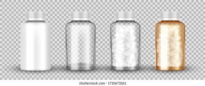 Realistic Transparent Medical Orange Pills Bottle Isolated. Empty, Full Of Capsule Pills Plastic And Glass Jar. Pharmaceutical Bottle Product Packaging Mockup.