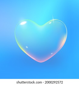 Hombra vectorial multicolor transparente realista en forma de corazón. Romántico corazón de jabón brillante. Símbolo de San Valentín. Fondo azul.