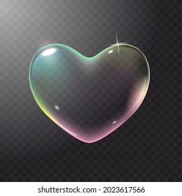 Realistic transparent multicolored rainbow vector soap bubble shaped as heart. Romantic glossy soapy heart. Valentine day symbol. Transparent background.