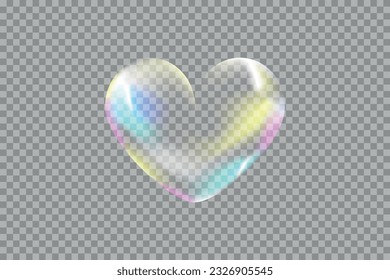 Realistic transparent multicolored rainbow vector soap bubble shaped as heart. Glossy romantic soapy heart. Valentine day symbol. Transparent background.