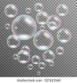 El jabón multicolor transparente realista burbuja el vector aislado. Esfera pelota, diseño de agua y espuma.