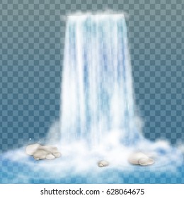 Realistic Transparent, Nature, stream of waterfall with clear water, stone  and bubbles isolated on transparent background. Natural element for design landscape image. Vector illustration.