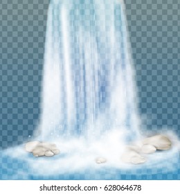 Realistic Transparent, Nature, stream of waterfall with clear water, stone  and bubbles isolated on transparent background. Natural element for design landscape image. Vector illustration.