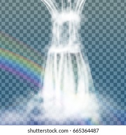 Realistic Transparent, Nature, stream of waterfall with clear water, bubbles, rainbow isolated on transparent background. Natural element for design landscape image. Vector illustration.