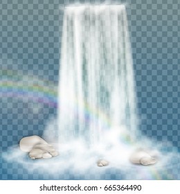 Realistic Transparent, Nature, stream of waterfall with clear water, stone, bubbles, rainbow isolated on transparent background. Natural element for design landscape image. Vector illustration.